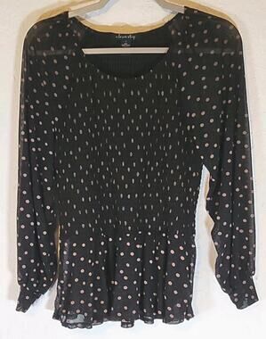 Love Story Black W Beige Polka Dot Smocked Ruffle Peplum‎ Long Sleeve Blouse L